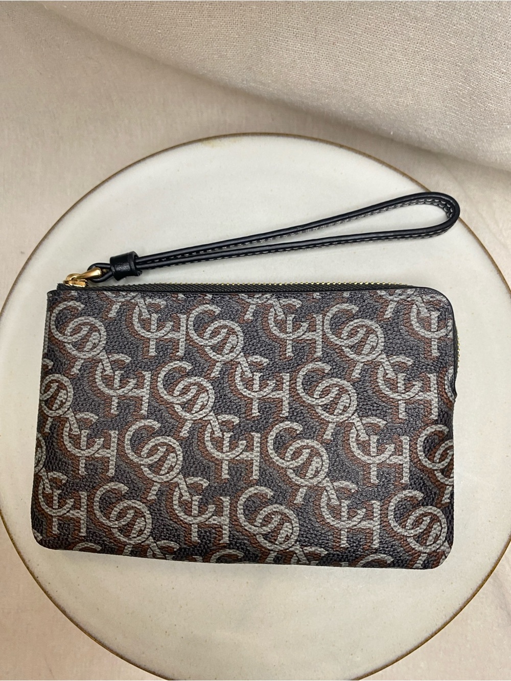 Coach Corner Zip Wristlet CF458 Black Monogram Print Coated Canvas Pouch Bag
